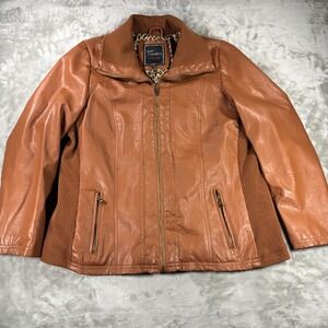 Lane Crawford Womens Faux Leather Jacket Cognac Brown Ribbed Knit Leopard 1X